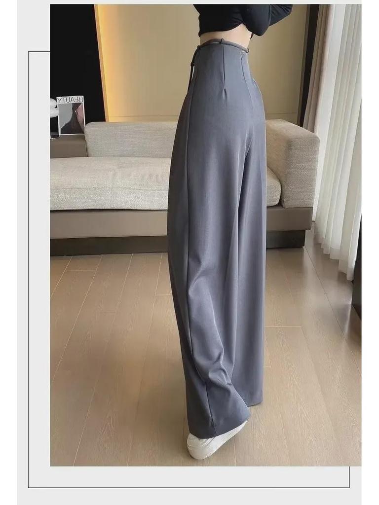 High-Grade Gray Wide-Leg Floor-Length Lace-Up Belly-Control Casual Pants for Women