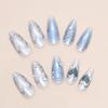 24pcs Gradient Blue False Nails Sets With Diamond Pearl Design Almond Press On Nails Art Datachable Bow Fake Nail Tips Manicure