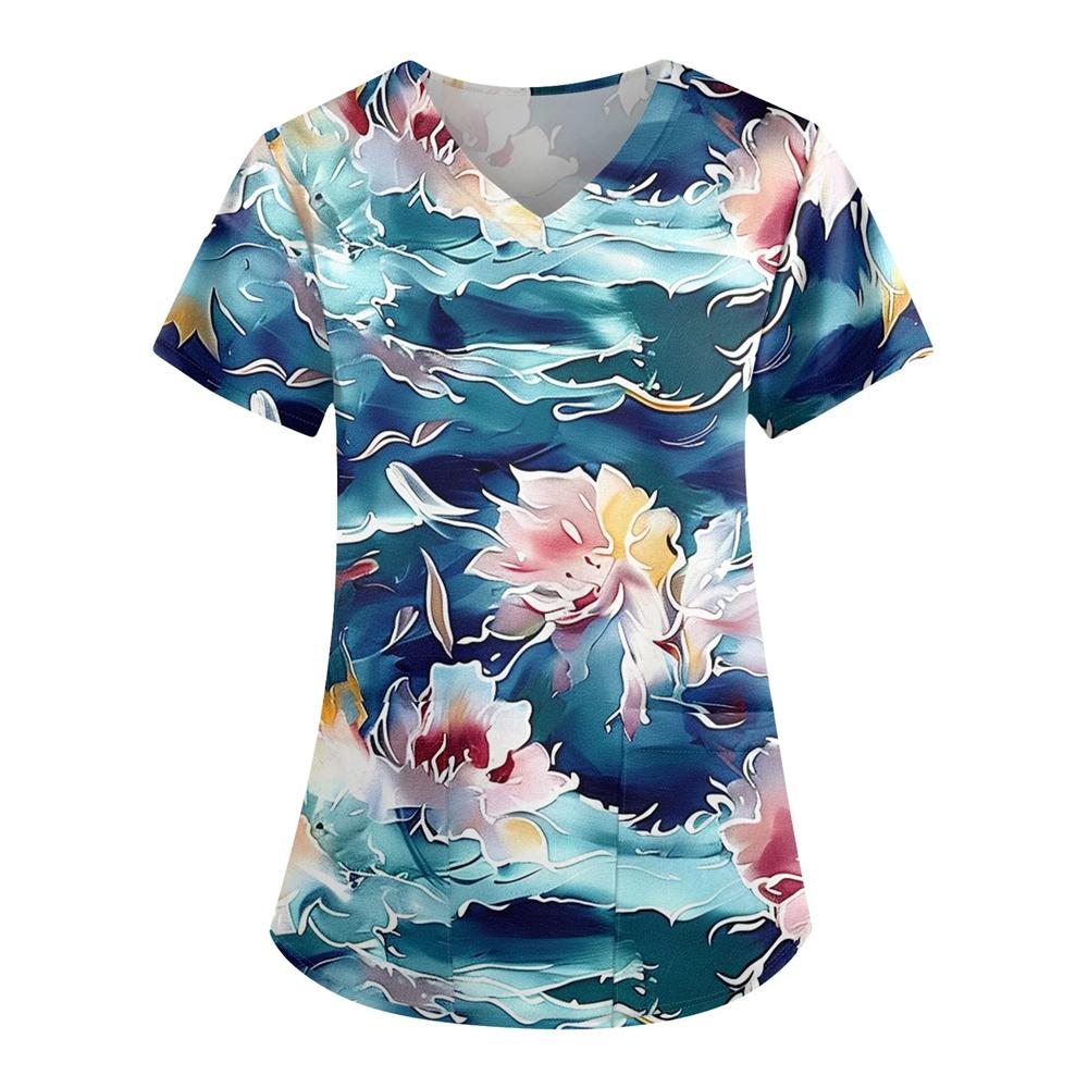 

Womens Floral Print Uniforms V Neck Summer Casual Scrubs Short Sleeve Medical Workwear Nursing Scrub Tops with Pockets 5XL