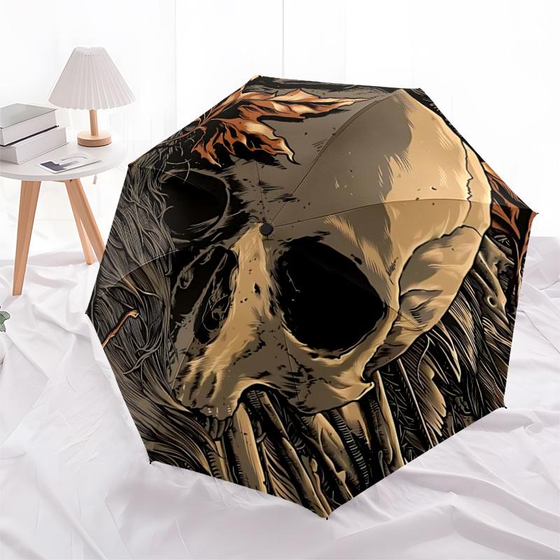 1pc Skull Leaves Fashionable Automatic Opening/Closing Folding Umbrella with 8 Bones, Windproof Portable, Daily Use82
