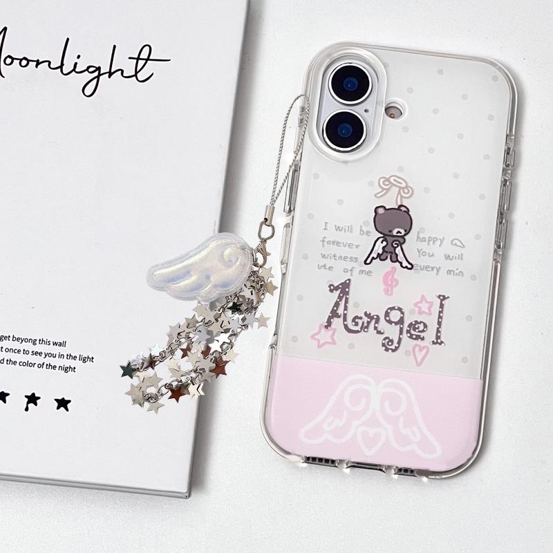 Korean INS Pink Wings Angel Black Bear Phone Case for iPhone 17 16 15 14 13 12 11 Pro Max X Xs XR Air Plus Feather Texture Cover