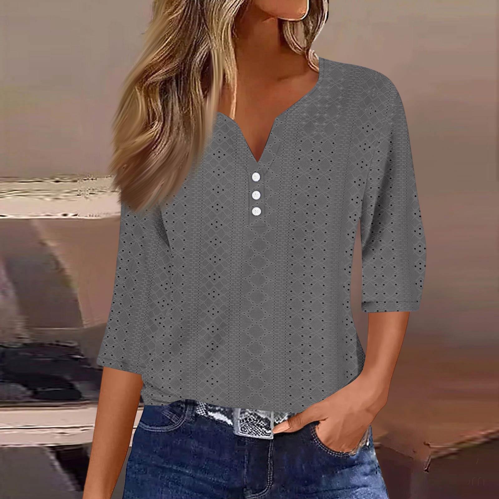 

Женская модная футболка с V-образным вырезом и пуговицами, семь рукавов, повседневные однотонные топы S