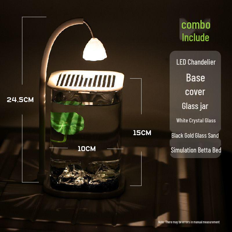 Creative Mini Betta Fish Glass Tank with Light for Desktop Decor, High-End Viewing, and Easy Maintenance.