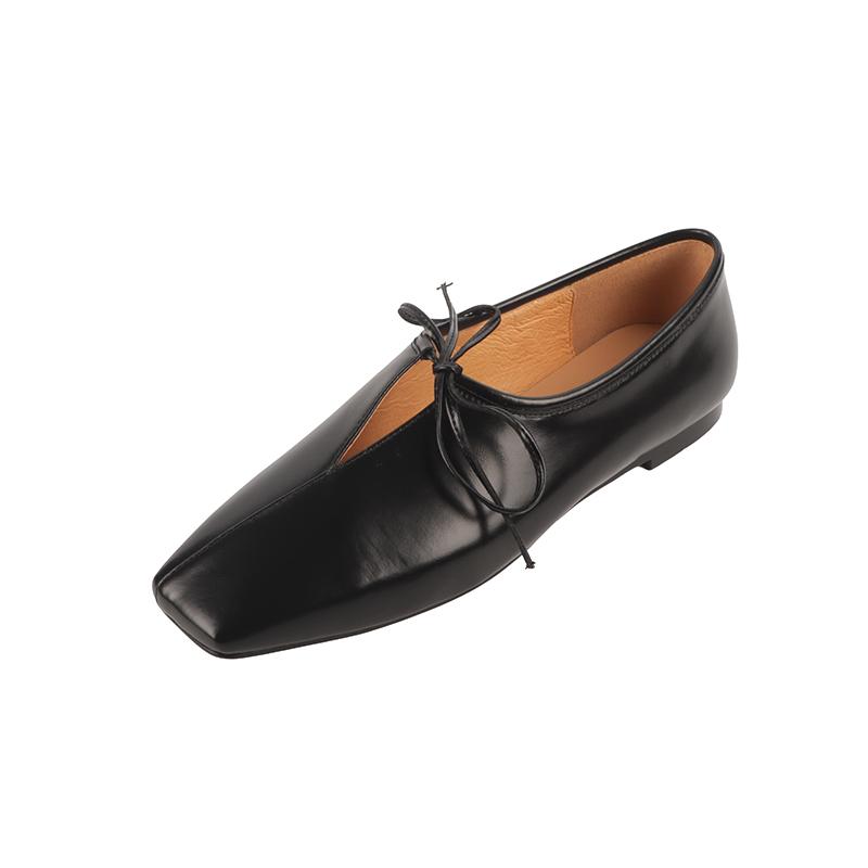 Fashion 2025 New Women Casual Flats Shoes Real Leather Cute Bow Lace Up Low Heels Shoes Vintage Square Toe Daily Office Dress Size 34-40