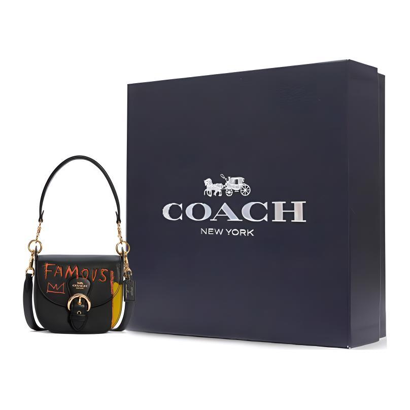 COACH Jean Michel Basquiat Kleo Leather Saddle Bag , One Shoulder Handbag , Crossbody Bag Small Women's Black (Unisex) Shoulder Bags