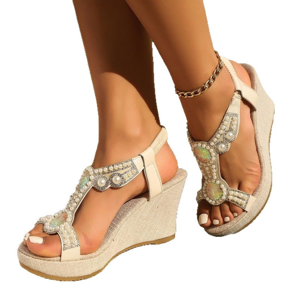 Large Size Wedge Heel Sandals Women's New Platform Pearl Sandals 43