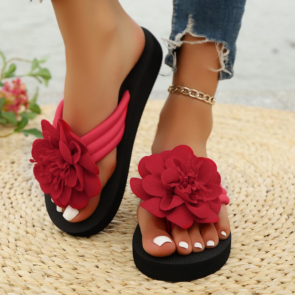 36-44 Women's Handmade Flower Decorated Flip Flops Slippers for Beach Vacation Casual Comfortable Flat Sandals Red Shoes