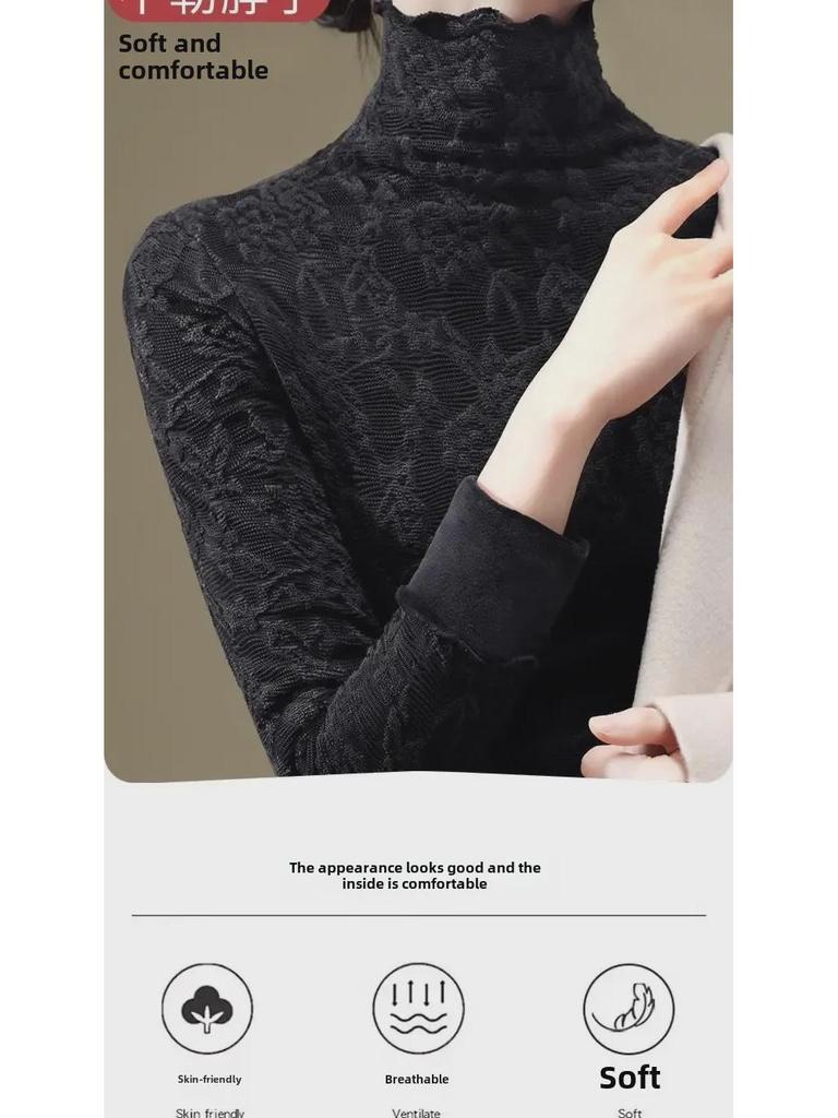 Damen-Unterhemd aus Samt und Spitze in Übergröße – warmes Netzoberteil mit halbhohem Kragen für Herbst/Winter 2024