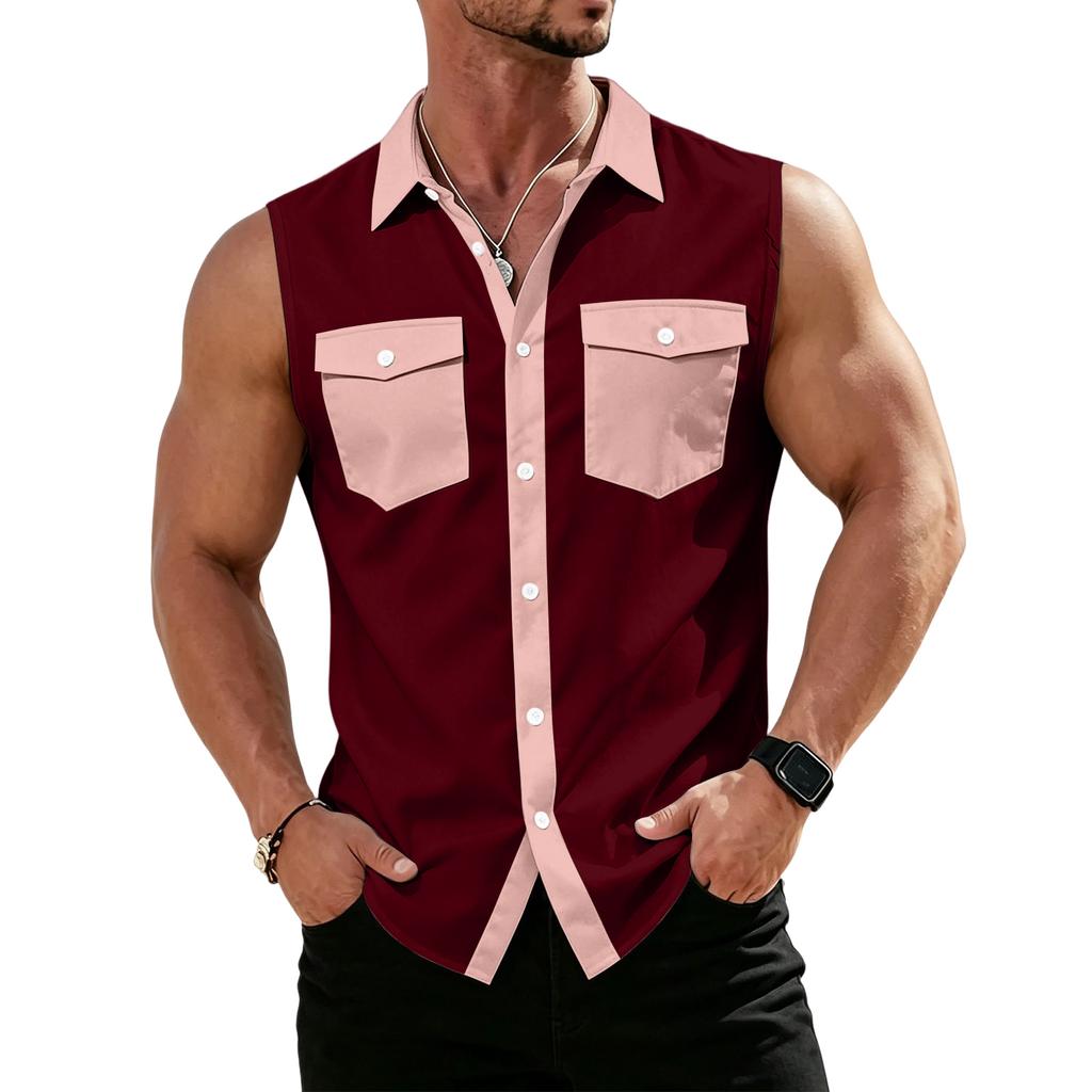 Men's Workwear Lapel Button-Down Vest Shirt - Lightweight Sleeveless Top