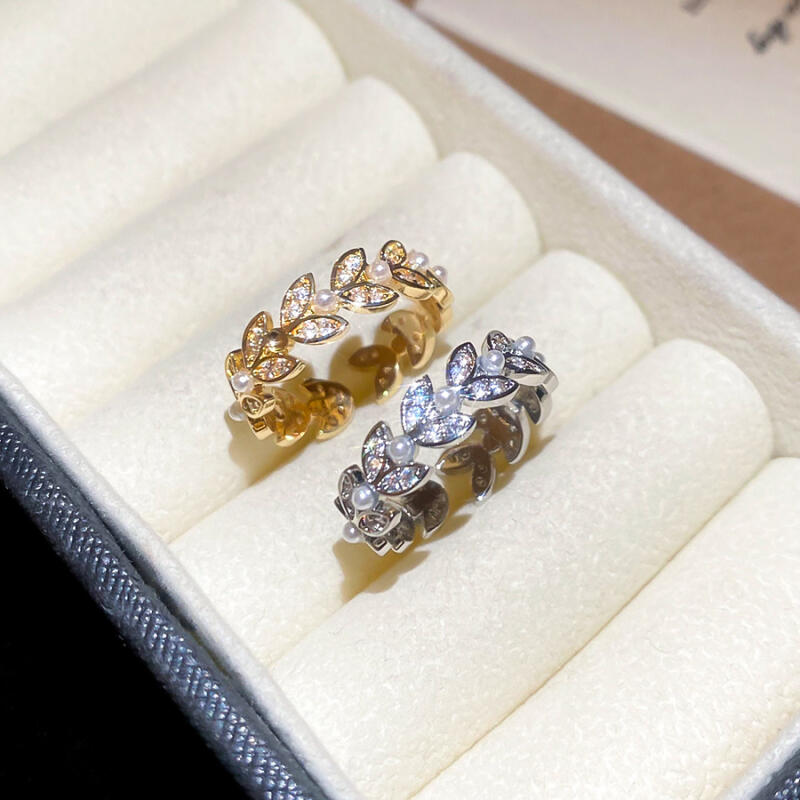 Light Luxury Zircon Wheat Shaped Opening Rings for Women Men New Trendy Imitation Pearls Finger Rings Birthday Jewelry Gifts