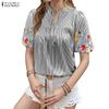 ZANZEA Women Casual V-Neck Summer Short Sleeve Embroidery Stripe Blouse