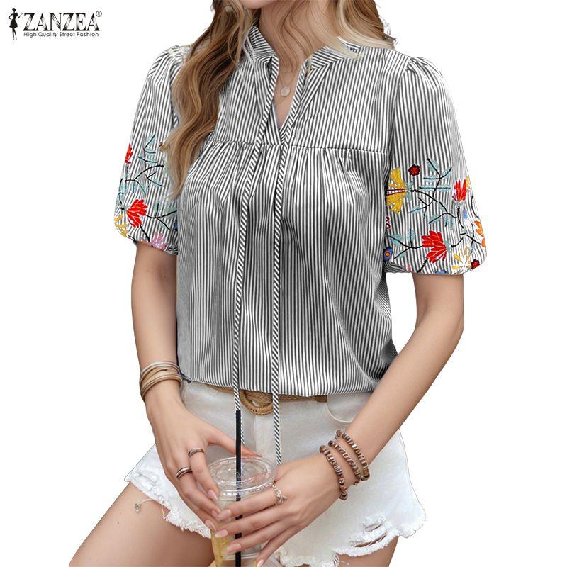 ZANZEA Women Casual V-Neck Summer Short Sleeve Embroidery Stripe Blouse