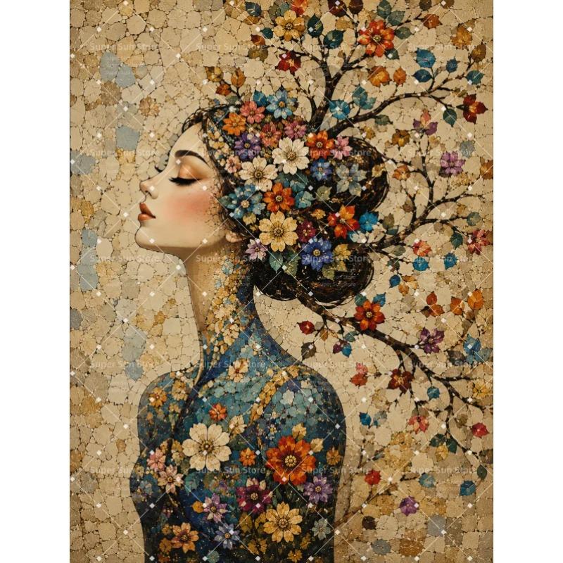 Mosaic Abstract Floral Woman Canvas Painting Wall Art Boho Woman With Flower Print Botanical Lady Tree Of Life Poster Home Deco