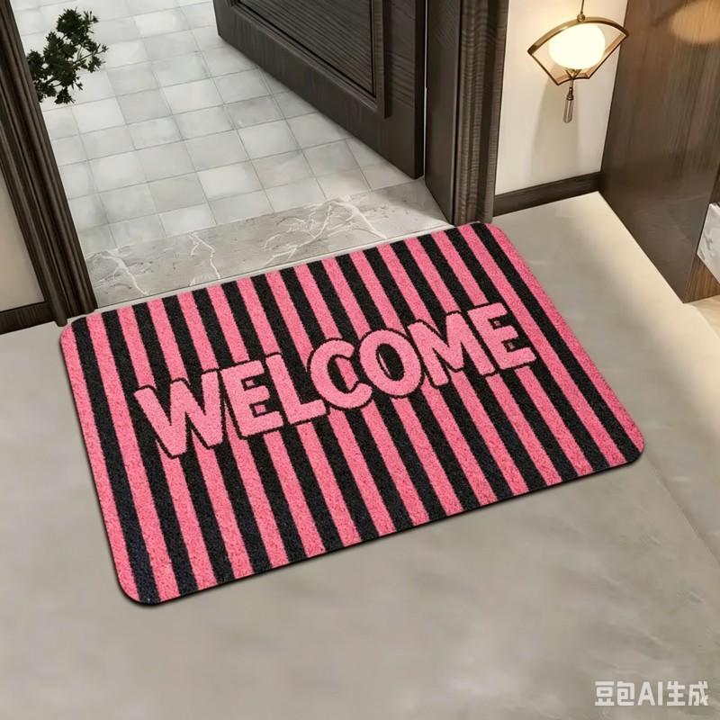 Tapis d'entrée italien Ciao Bienvenue Tapis de sol tendance rayé rose et bleu Tapis d'entrée avec texte rouge créatif Tapis d'accueil chic pour porte d'entrée 60X90cm