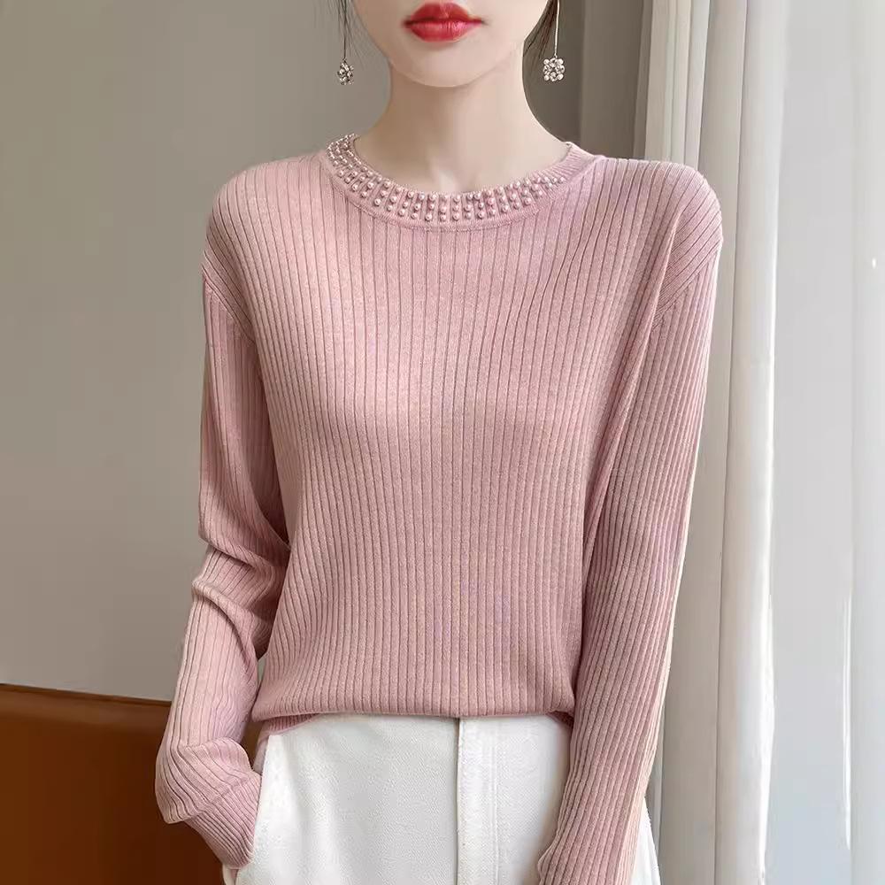 The New Autumn Round-neck Knitted Base Layer, Long-sleeved Women's Diamond-encrusted Solid Color Sweater, Loose
