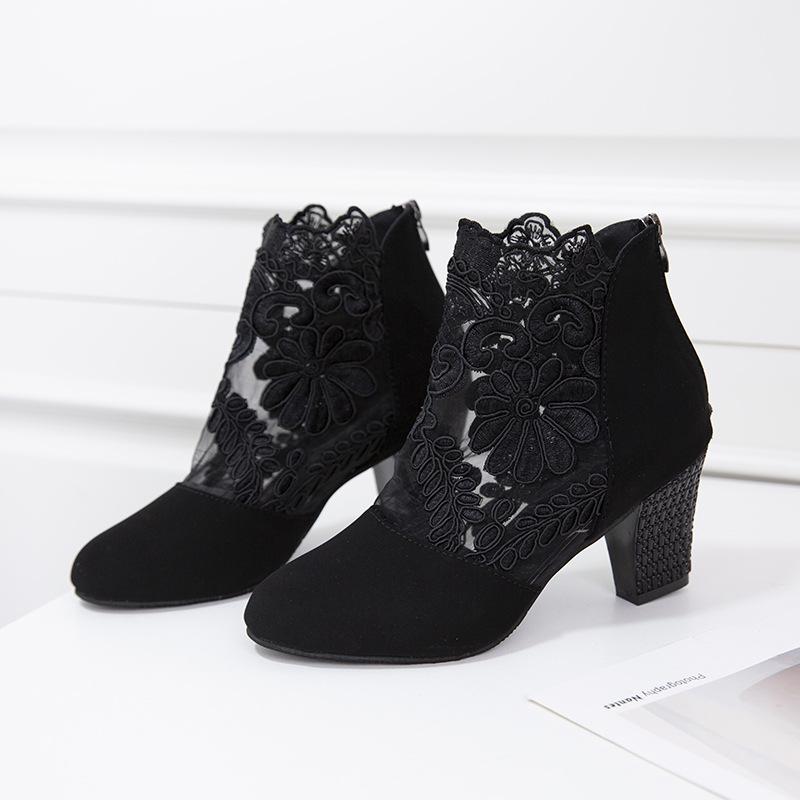 Lace Mesh High-heeled Cool Boots, Women's Plus Size Thick Heeled Sandals