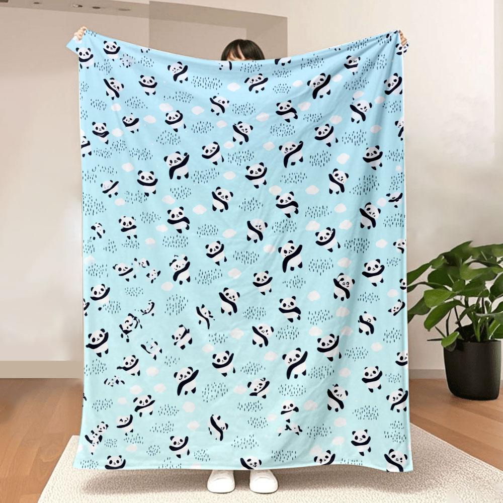 Light Blue Whimsical Panda Clouds Throw Blanket - Soft, Cosy Printed Blanket with Cute Pandas, Scattered Clouds & Dotted Patt 75X95CM