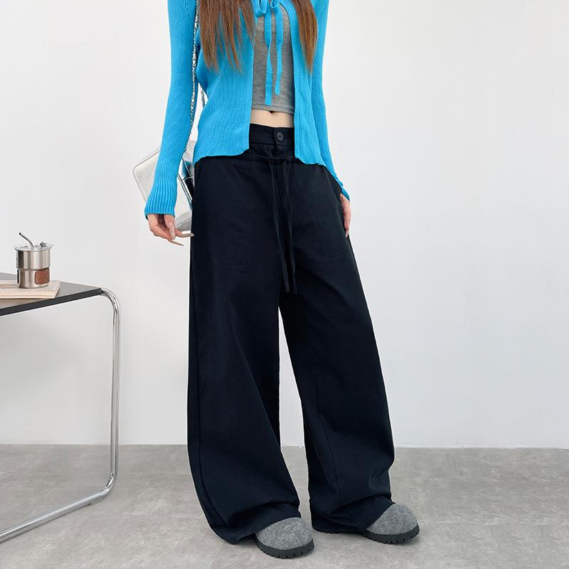 Army Green Cotton Casual Straight-leg Pants Women's New Design High Waist Straps Loose Sports Wide-leg Pants