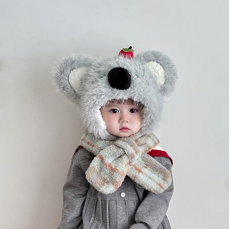 Winter Children's Ear Protection Hat Cartoon Cute Koala Scarf Hat One Piece Hat Anti Cold Lei Feng Hat Pullover Hat