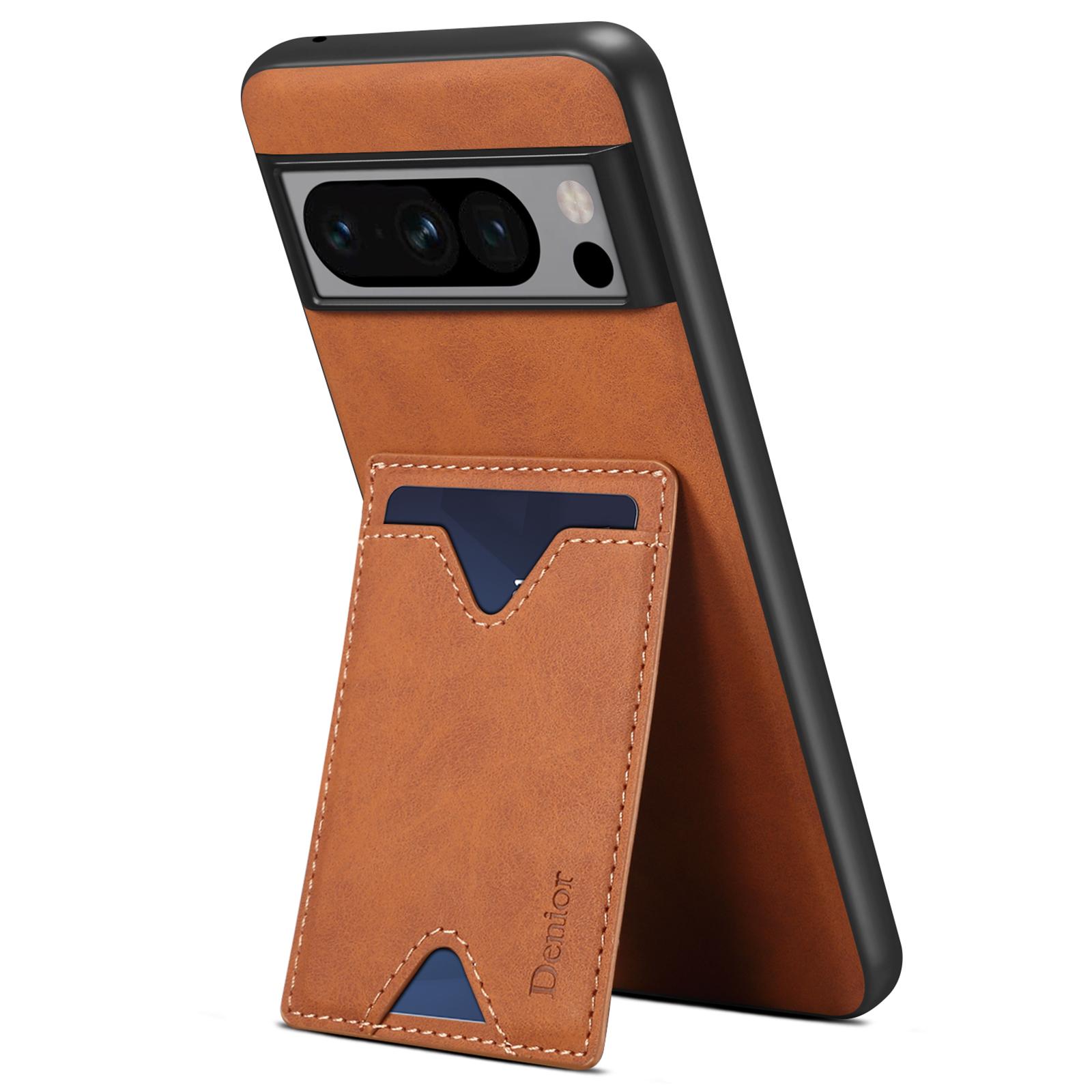 

DENIOR For Google Pixel 8 Pro PU Leather Coated TPU Back Cover Phone Case with Kickstand Card Slot Brown