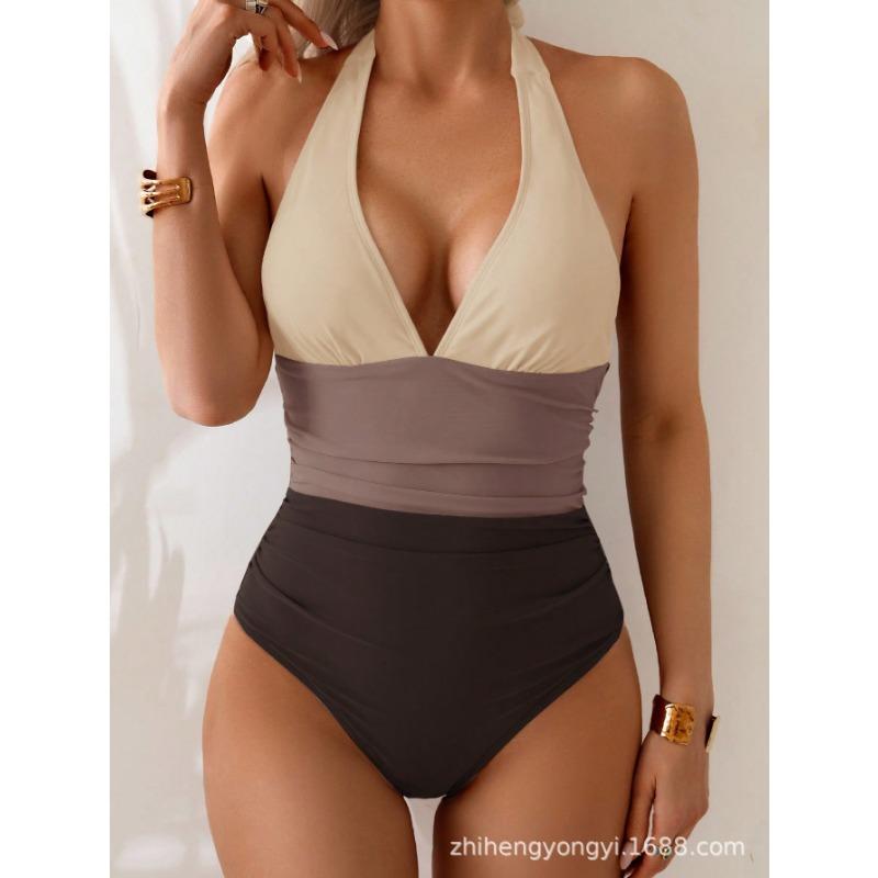 One-piece Swimsuit New Sexy Solid Color Stitching Halterneck Women's Swimsuit