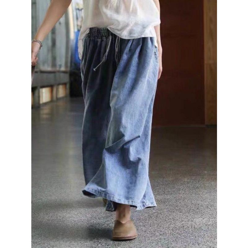 Damenjeans Schnürung Denim Weiter Bein Hosen Literarisch Retro Locker Lässig Gewaschene Hosen