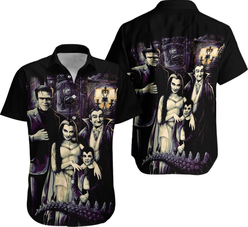 Munsters Movie Frankenstein Family & Friends Print Buttoned Hawaiian Shirt