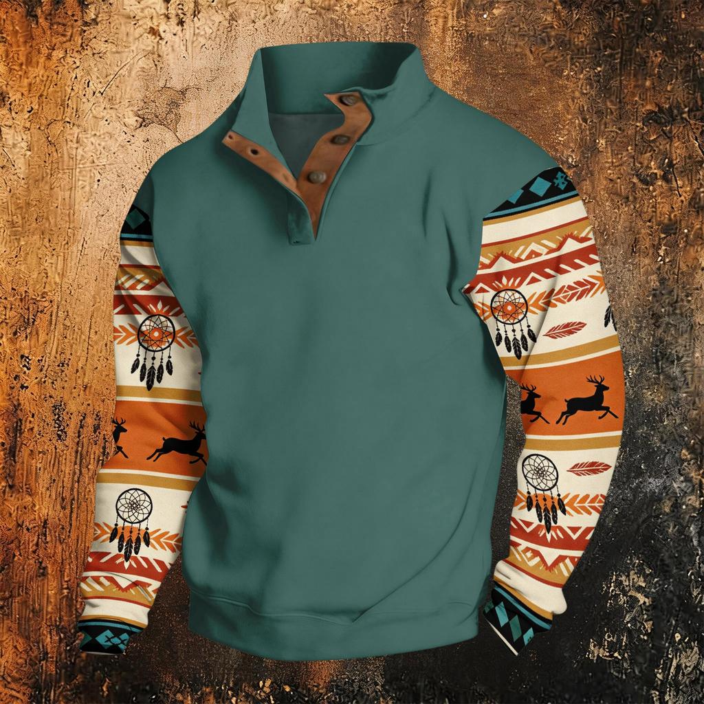 Men's Print Western Hoodie Long Sleeve Pullover Sweatshirt Casual