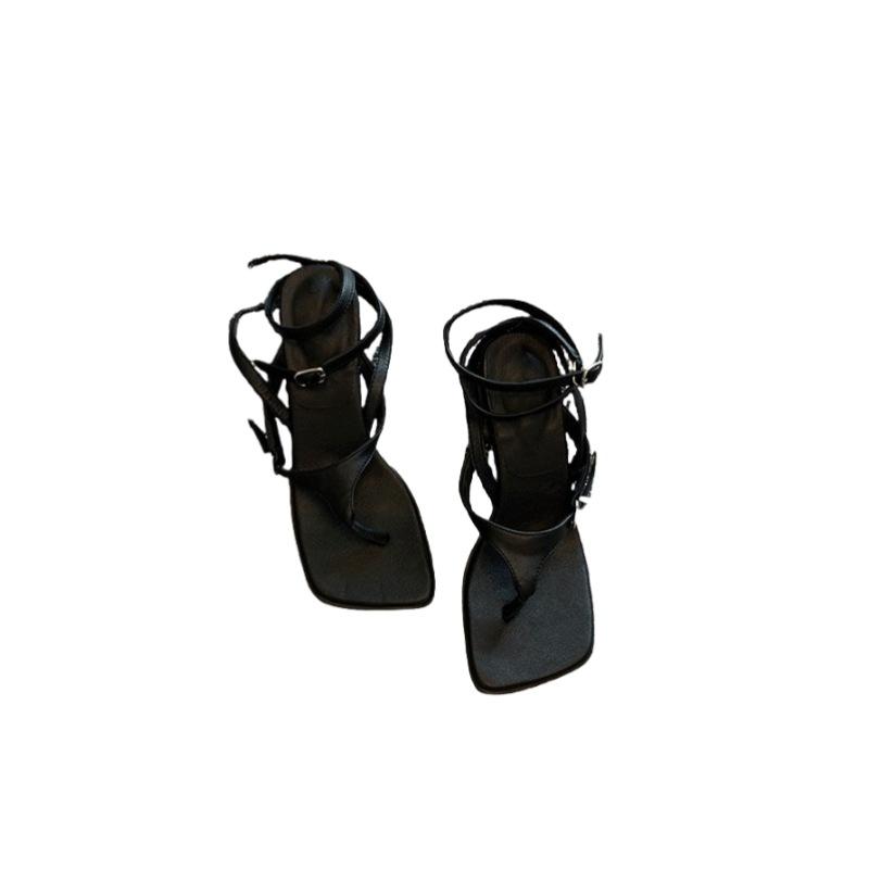 Roman Square Head Pinch Foot Herringbone High-heeled Sandals Women's 2025 New Summer Thick Heel One-word Buckle with Toe Women's Shoes
