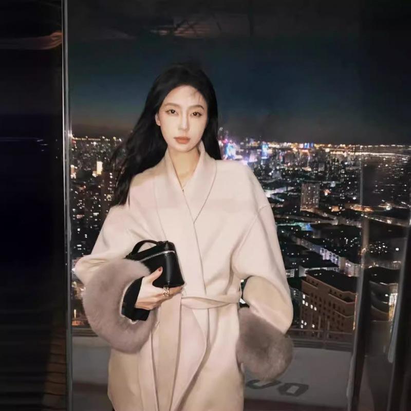 

Женское пальто высокого класса на осень и зиму, кашемировое женское двустороннее средней длины, со съемным воротником из натурального лисьего меха, шерстяное пальто XS (155-163cm) (90-80kg)