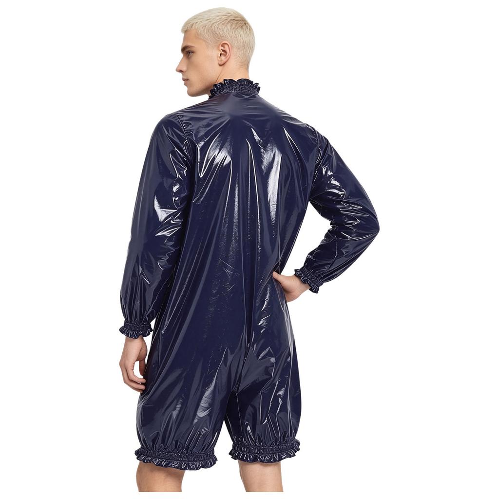 Front Zipper Mock Neck Long Sleeve Ruffled Bodysuit for Men Waterproof Vinyl Swimwear Clubwear Diaper Cover Short Bottoms