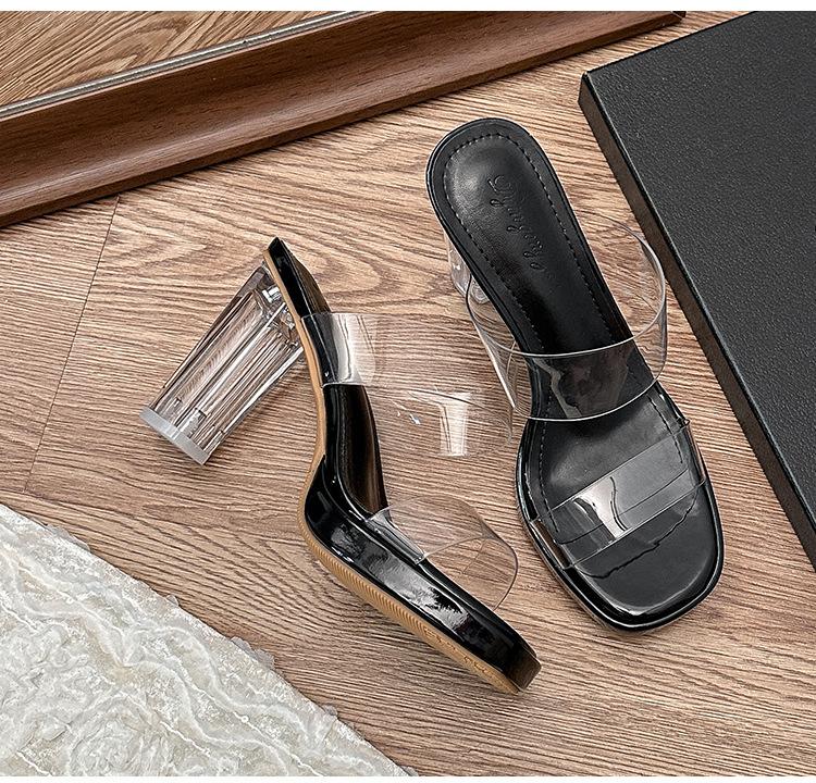 

Beautiful rhinestone transparent thick-soled waterproof table high heels women s summer thick heel crystal word with cool slippers outside wear 40