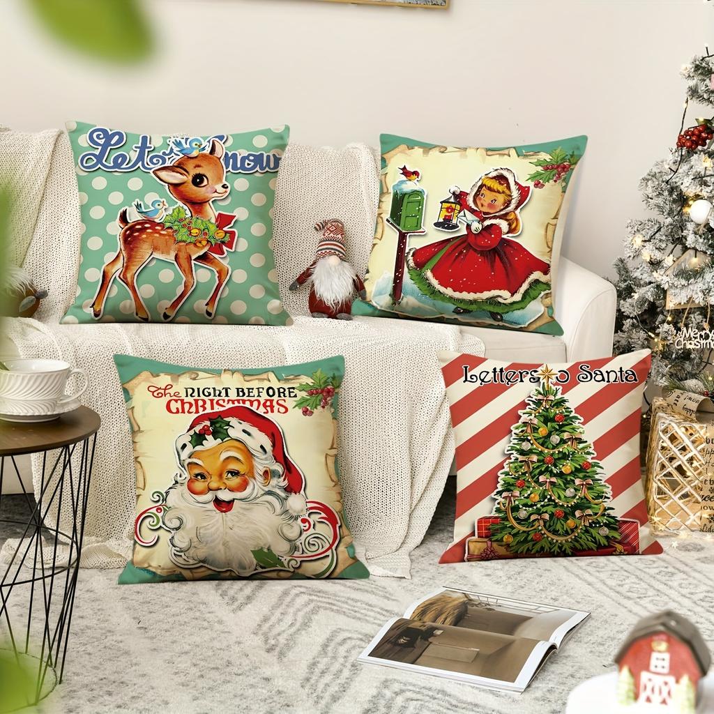 Christmas Theme Pillowcase New Year Gift Retro Style Santa Claus Fawn Pillow Cover Home Room Decoration Sofa Cushion Cover