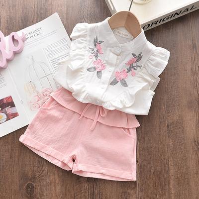 Conjunto de dos piezas de verano para niña, muy vendido, con camiseta sin mangas bordada y pantalones cortos
