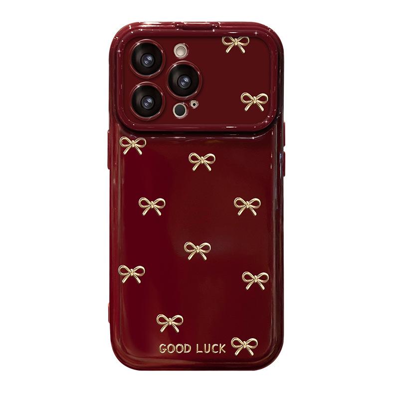 Burgundy Bow Love Lanyard for Apple 17 New Year Mobile Phone Case Iphone15promax Silicone 16 Women