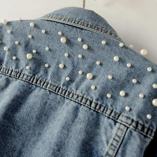 2025 Women's Plus Size Light Blue Denim Jacket with Beaded Rhinestones