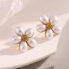 Elegant Stainless Steel 18K Gold Plated French-Style Faux Pearl Flower Stud Earrings Women