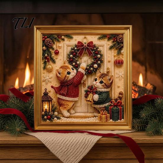 Creative Hobby for Women Christmas Cat Faux Pearl Art Kit with Frame, Kitty Painting DIY Beginners Kit, 3D Bead Wall Craft Adults, Handmade