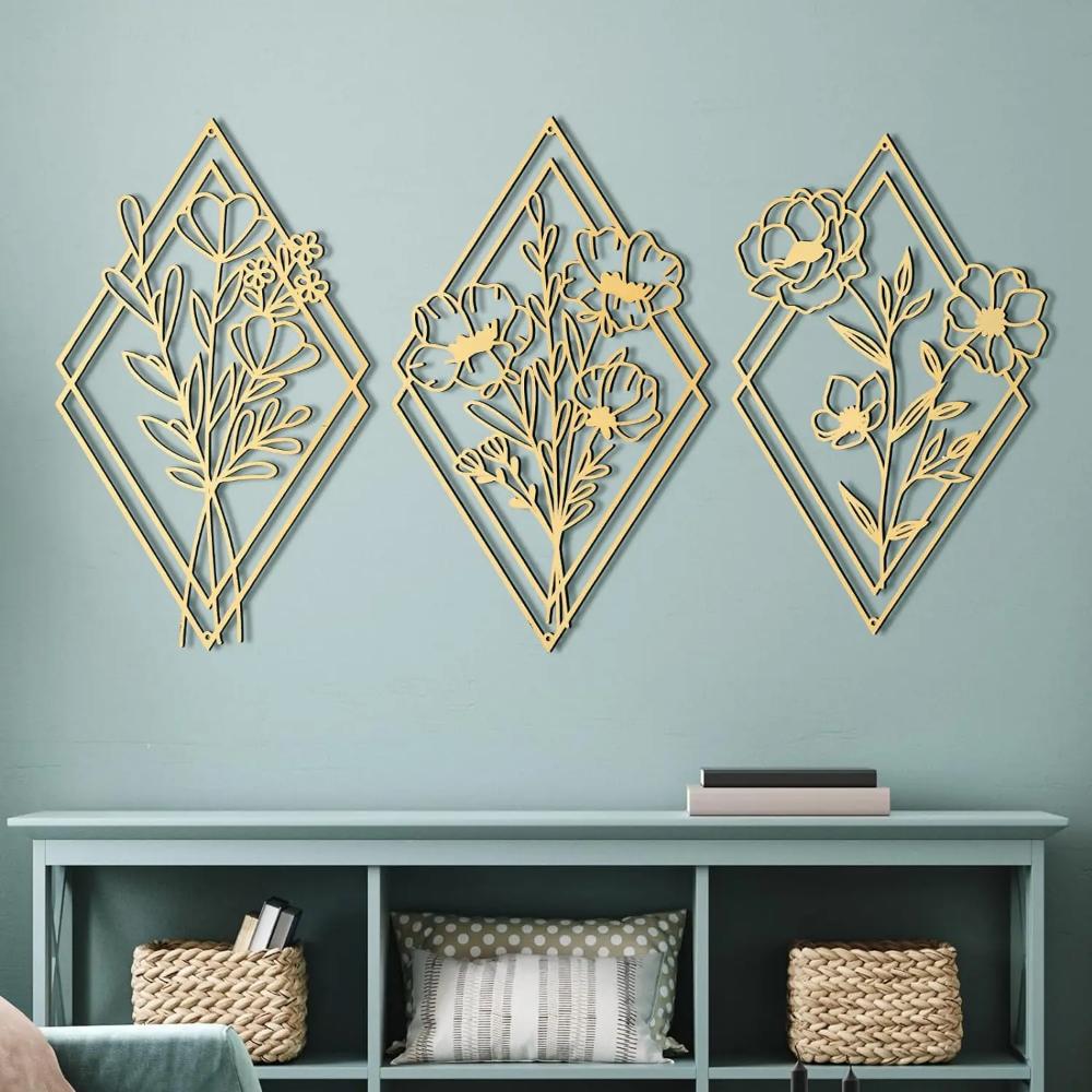 3Pcs Metal Flower Floral Minimalist Wall Hanging Decor Flower Iron Art Floral Home Decor Living Room Decoration Bathroom Kitchen