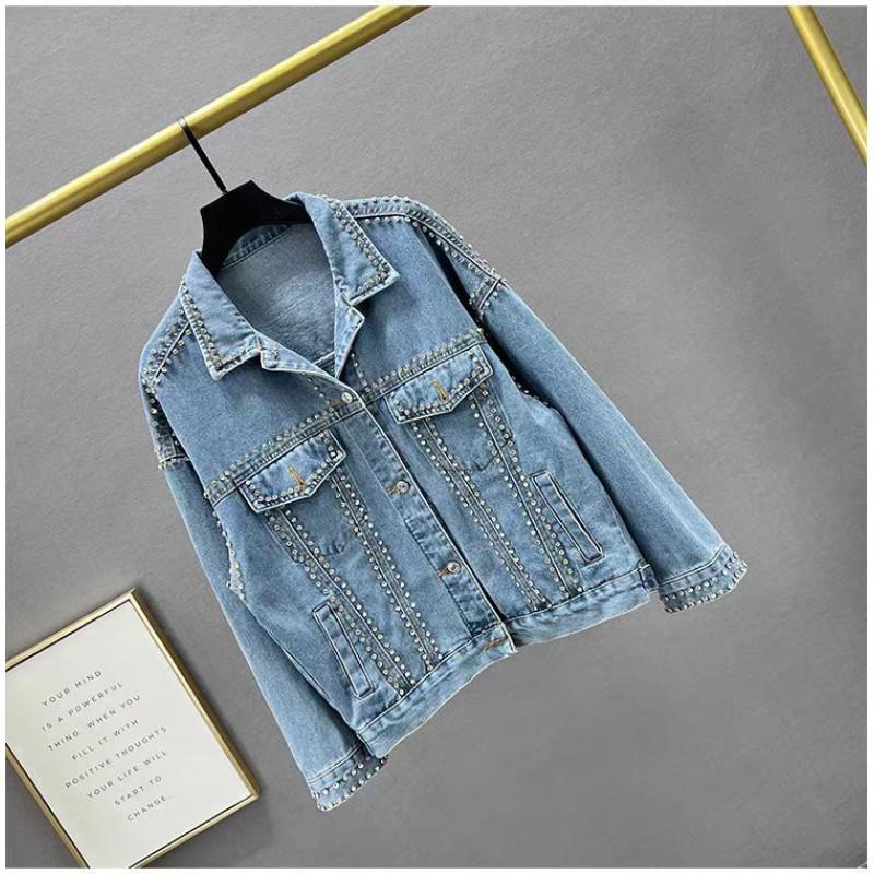 Womens Denim Jacket With Embellished Beading Rhinestones Loose Fit Blue Outerwear Casual Office Wear