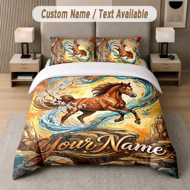 Horse Theme Custom Text Or Name 3Pcs Bedding Set 1 Flat Sheet & 2 Pillowcases Personalized Home Bedding