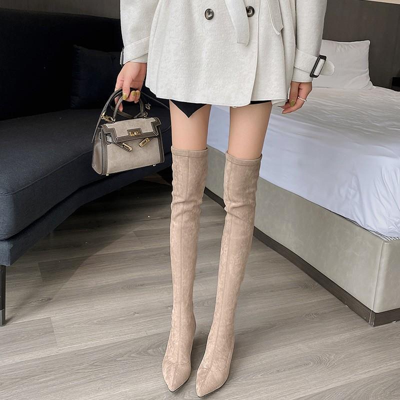 Boots Women's Elastic Boots Pointed High Heel Boots Women's Over-Knee Boots Suede High Boots Khaki