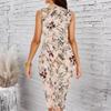 Women Plus Size Sleeveless Round Neck Midi Bodycon Dress Dark Blue Plum Branch Print Slim Fitted Dress