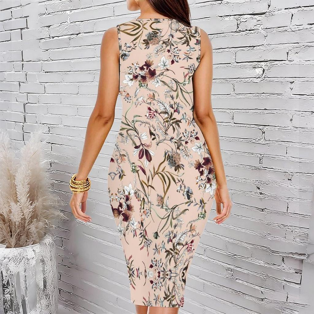 Women Plus Size Sleeveless Round Neck Midi Bodycon Dress Dark Blue Plum Branch Print Slim Fitted Dress