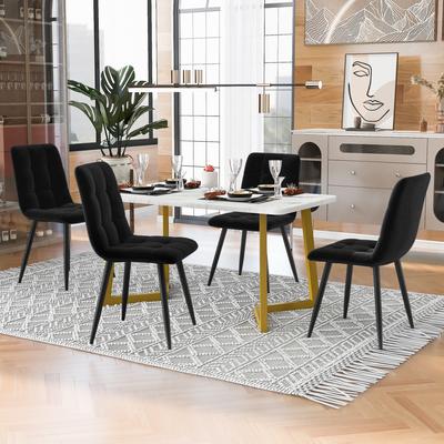 117cm Esstisch mit 4 Stühlen Set, Rechteckiger Esstisch Modernes Küchenmöbelset, Esszimmerstuhl Schwarzer Samt Küchenstuhl, Goldene Tischbeine