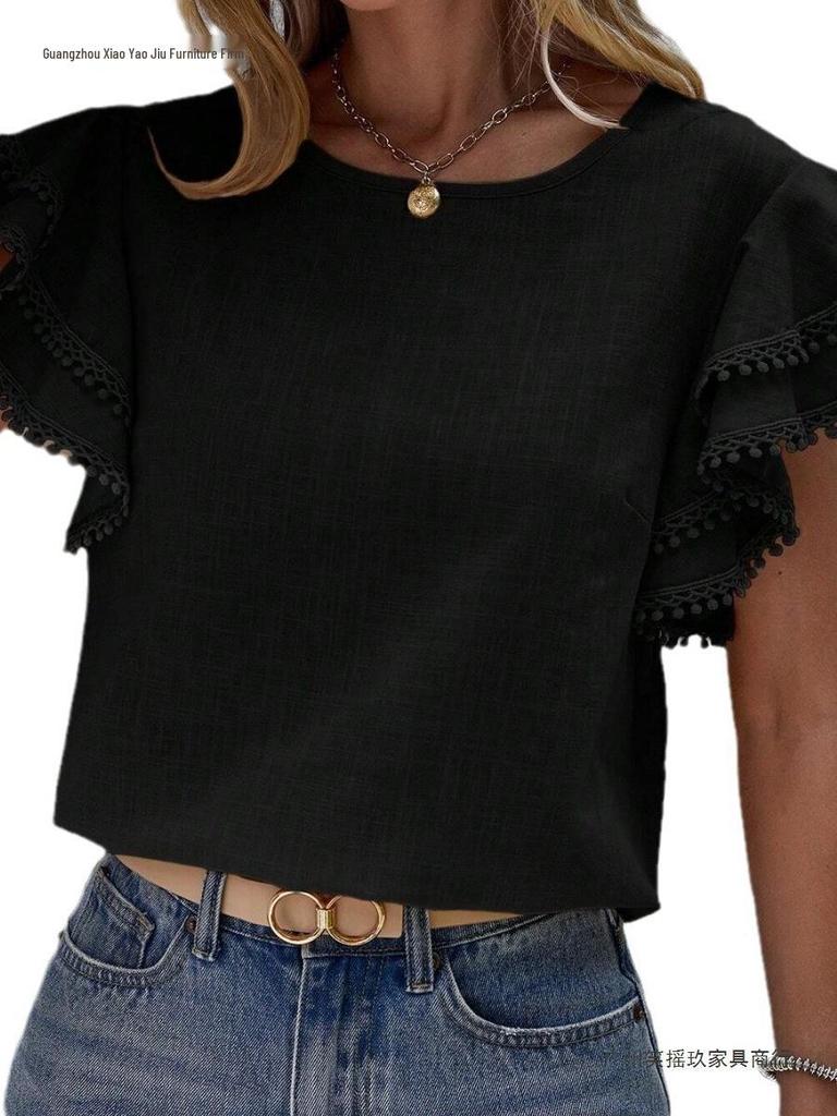 European & American Women's Casual Summer Round Neck Ruffle Batwing Short Sleeve Top