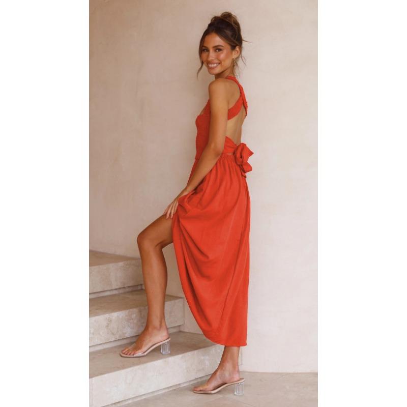 VEZFAA Women's Fashion Summer Spring Solid Color Print Sleeveless Suspenders High Waist Casual Dresses