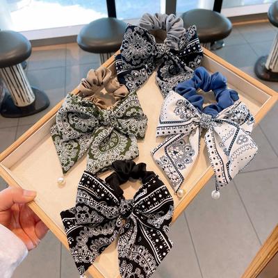 1pc Vintage Ethnic Bohemian Paisley Pattern Bow Pearl Pendant Streamer Large Intestine Hair Ring Floral Tie Ponytail Headband