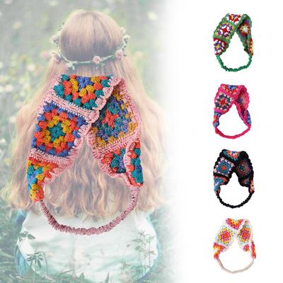 Sweet Girls Colorful Crochet Headband Summer Sunproof Camping Headwrap with Stretchy Hair Rope Teenagers Lovely Kerchief