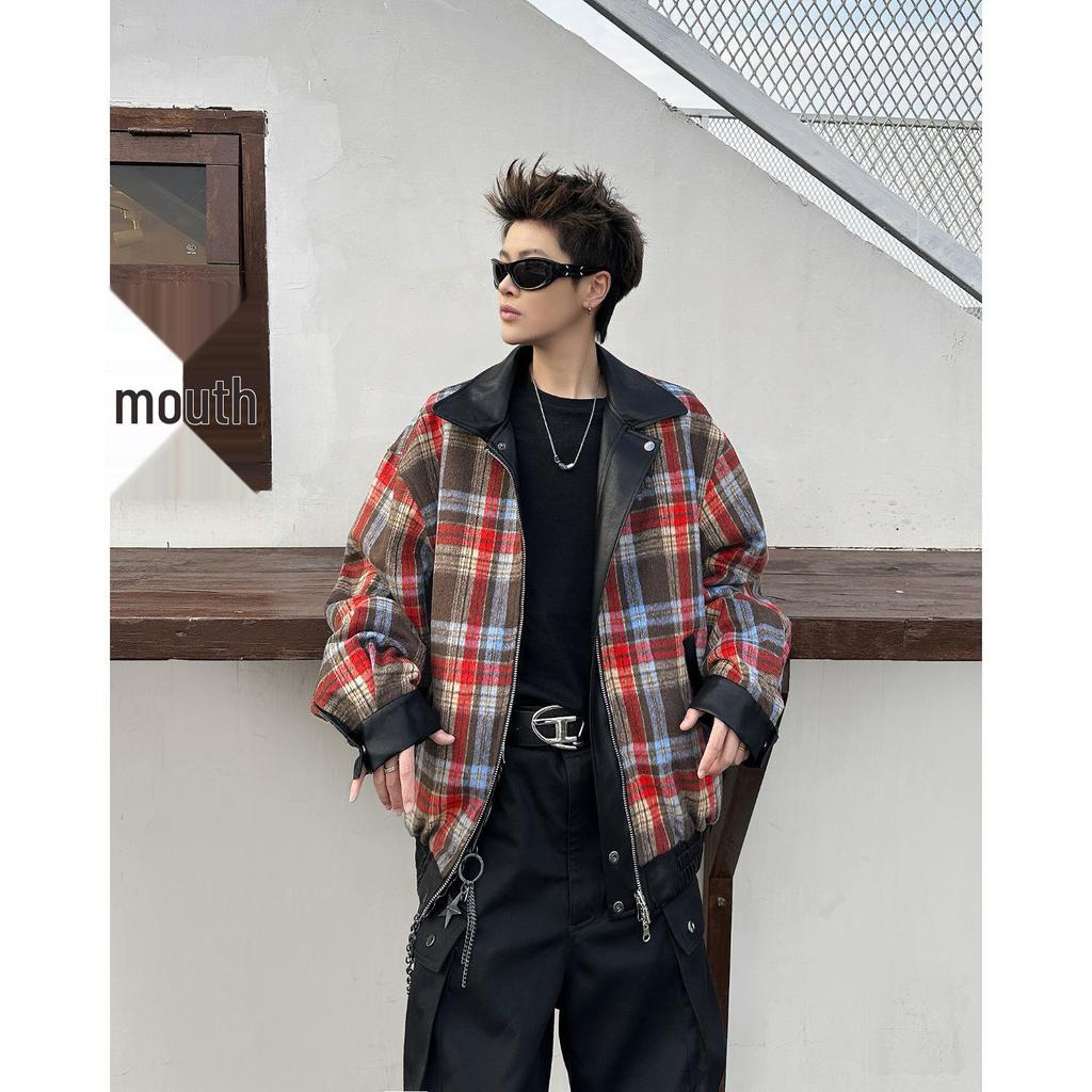Men's Retro Loose Plaid Reversible PU Leather Jacket - Trendy American Spring/Autumn Outerwear